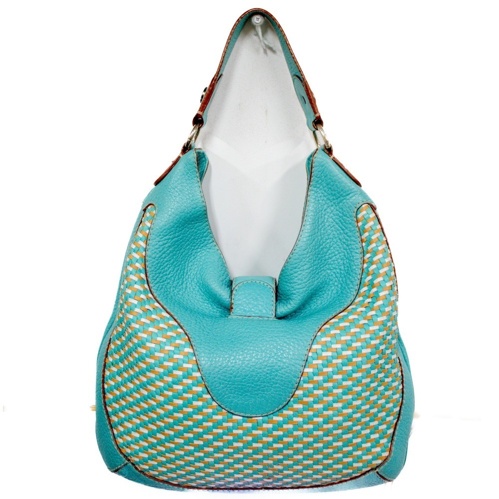 Vintage Michael Kors Hobo Shoulder Bag Woven Turquoise Leather Purse & Dust Bag - Picture 3 of 14